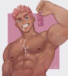  1boy :d abs bandaid bandaid_on_face bandaid_on_nose bara blush bright_pupils completely_nude condom condom_wrapper cum cum_in_mouth cum_on_body cum_on_boy cum_on_pectorals from_below grin highres large_pectorals long_sideburns looking_at_viewer louis_tjxx male_focus muscular muscular_male navel nipples nude original pectorals pink_background pink_hair pink_theme seductive_smile sexually_suggestive short_hair sideburns smile star-shaped_pupils star_(symbol) stomach strongman_waist suggestive_fluid sweat symbol-shaped_pupils thick_eyebrows two-tone_background upper_body very_sweaty 