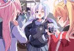  4girls 5girls acchii_(akina) ahoge airi_(blue_archive) animal_ears black_hair blonde_hair blue_archive blush cat_ears cellphone commentary_request door hair_between_eyes hair_ornament halo highres holding holding_phone jacket kazusa_(blue_archive) long_hair medium_hair multiple_girls natsu_(blue_archive) one_eye_closed open_mouth phone pink_hair purple_eyes reisa_(blue_archive) school_uniform shaded_face side_ponytail yoshimi_(blue_archive) 