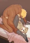  anal anthro ass_up balls bear bed blonde_hair bodily_fluids brown_body brown_fur butt duo erection fur furniture genitals hair hi_res humanoid_genitalia humanoid_penis kokosetto male male/male mammal nude on_bed oral penis rimming saliva sex tongue tongue_out 