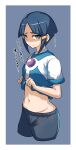  1girl blue_hair clothes_lift cropped_legs forehead frown gin_moku grey_eyes highres inazuma_eleven inazuma_eleven_(series) kurakake_clara lifted_by_self looking_at_viewer medium_hair navel pants shirt_lift short_sleeves sidelocks simple_background translation_request 