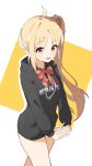  1girl absurdres ahoge black_hoodie blonde_hair bocchi_the_rock! choppy_bangs commentary_request detached_ahoge highres hood hood_down hoodie ijichi_nijika interlocked_fingers long_hair long_sleeves looking_at_viewer naseul_777 no_pants open_mouth parted_bangs partial_commentary red_eyes side_ponytail smile solo thighs two-tone_background white_background yellow_background 