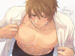  1boy abs aion_kiu bara beard black_pants blush brown_eyes brown_hair closed_mouth clothes_grab collarbone copyright_request facial_hair looking_down male_focus navel nipples open_clothes open_shirt pants patch pectorals short_hair simple_background sweatdrop upper_body white_background 