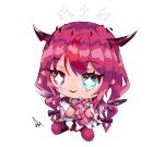  1girl can chibi ddrawins demon_horns detached_wings diamond-shaped_pupils diamond_(shape) dress halo heterochromia highres holding holding_can hololive hololive_english horns irys_(1st_costume)_(hololive) irys_(hololive) long_hair multicolored_hair pink_hair pointy_ears sidelocks soda_can streaked_hair symbol-shaped_pupils virtual_youtuber white_dress wings 