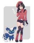  1boy :d belt beret black_gloves black_hair boots calem_(pokemon) commentary_request cosplay eyelashes gloves grey_background grey_eyes hand_up hat highres jacket long_sleeves looking_down male_focus meowstic open_mouth pokemon pokemon_(creature) pokemon_(game) pokemon_ranger_(pokemon) pokemon_ranger_(pokemon)_(cosplay) pokemon_xy red_footwear sana_(37pisana) short_hair short_shorts shorts smile standing thighhighs thighs tongue 