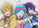  3boys ahoge blonde_hair blue_hair blush brown_eyes closed_eyes ensemble_stars! eyewear_on_head facing_viewer hakaze_kaoru high_ponytail highres kanzaki_souma looking_at_viewer male_focus multiple_boys official_alternate_costume one_eye_closed purple_eyes purple_hair shinkai_kanata summer_snow_(ensemble_stars!) sunglasses yukimi_bon 