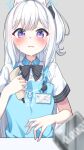  1girl 1other angel&#039;s_24_uniform_(blue_archive) animal_ears apron barcode_scanner black_bow black_bowtie blue_apron blue_archive blurry blush bow bowtie commentary_request condom_box depth_of_field embarrassed fake_animal_ears grey_hair halo highres holding looking_at_object miyako_(blue_archive) miyako_(lawson)_(blue_archive) official_alternate_costume one_side_up partial_commentary purple_eyes rabbit_ears shirt short_sleeves simple_background solo_focus striped striped_bow striped_bowtie sweatdrop toriefuni white_shirt 