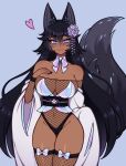  1girl animal_ears bare_shoulders black_hair blush borrowed_character breasts cleavage closed_mouth collarbone commission dark-skinned_female dark_skin fox_ears fox_girl fox_tail heart highres large_breasts long_hair multicolored_hair navel original purple_eyes purple_hair smile solo tail the_scarlet_devil very_long_hair 