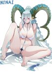  1girl bare_legs bare_shoulders barefoot bikini blue_bikini blue_hair curled_horns fate/grand_order fate_(series) feet green_horns highres horns large_horns long_hair long_horns navel ninai pink_eyes pointy_ears soles stomach_tattoo swimsuit tattoo tiamat_(fate) toes very_long_hair 