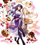  2girls apron asatani_tomoyo ayra_(fire_emblem) black_hair blonde_hair breasts dress fire_emblem fire_emblem:_genealogy_of_the_holy_war fire_emblem:_three_houses fire_emblem_heroes full_body highres holding long_skirt long_sleeves maid maid_headdress medium_breasts mercedes_von_martritz multiple_girls non-web_source official_art pantyhose puffy_sleeves purple_eyes shoes side_slit skirt transparent_background wrist_cuffs 