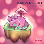  ambiguous_gender blue_eyes bonsai english_text feral flower fluffy_pony fluffy_pony_(species) fur hi_res mammal pink_background pink_body pink_fur plant signature simple_background solo sora text 