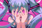  1girl alternate_eye_color aqua_hair black_sleeves detached_sleeves green_nails grey_shirt hands_up hatsune_miku long_hair looking_at_viewer open_mouth purple_background purple_eyes shadow shirt sleeveless sleeveless_shirt solo sweat twintails vocaloid yooki_(winter_cakes) 