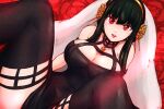  1girl black_dress black_hair black_thighhighs breasts cleavage dress gold_hairband hairband large_breasts looking_at_viewer open_mouth red_eyes solo spy_x_family thighhighs yamamoto_yuusuke_(hmkc3857) yor_briar 