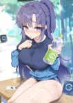  1girl blue_archive blue_buruma blue_eyes blue_hair blurry blurry_background blush bottle breasts buruma commentary_request depth_of_field fang_qiao feet_out_of_frame gym_uniform halo hand_on_own_chest highres holding holding_bottle id_card jacket jacket_partially_removed large_breasts long_hair long_sleeves looking_at_viewer mechanical_halo mixed-language_commentary official_alternate_costume open_mouth outdoors ponytail shirt sidelocks sitting solo star_sticker sticker_on_face sweat thighs water_bottle wet wet_clothes wet_shirt yuuka_(blue_archive) yuuka_(track)_(blue_archive) 