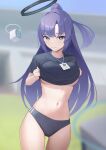  1girl afe. black_shirt blue_archive blue_buruma blurry blurry_background blush breasts buruma clothes_lift commentary_request drone half_updo halo highres lanyard lifted_by_self long_hair looking_at_viewer navel partial_commentary ponytail purple_eyes purple_hair shirt shirt_lift solo sweatdrop underboob very_long_hair yuuka_(blue_archive) yuuka_(track)_(blue_archive) 