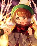  2girls :d blush bob_cut brown_eyes brown_hair cable_knit cardigan commentary_request gloria_(pokemon) green_headwear grey_cardigan hat holding_hands komomomito marnie_(pokemon) multiple_girls open_mouth outdoors plaid plaid_scarf pokemon pokemon_(game) pokemon_swsh scarf short_hair smile solo_focus tam_o&#039;_shanter yuri 