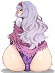  1girl animal_print ass blunt_bangs gradient_hair grey_hair hairband idolmaster idolmaster_(classic) leopard_print long_hair looking_back multicolored_hair panties purple_eyes shawl shijou_takane simple_background steam steaming_body takato_kurosuke underwear white_background 