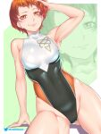  1girl alternate_costume armpits bare_arms breasts competition_swimsuit etchimune fire_emblem fire_emblem:_three_houses green_background hand_on_own_head leonie_pinelli looking_at_viewer medium_breasts one-piece_swimsuit orange_eyes orange_hair short_hair sideboob sitting smile smug solo swimsuit thick_thighs thighs very_short_hair 