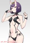  1girl absurdres artist_name bob_cut breasts closed_mouth commentary cowboy_shot eyeliner fate/grand_order fate_(series) ge-b grey_background hands_up headpiece highres horns looking_at_viewer makeup navel oni oni_horns pointy_ears purple_eyes purple_hair revealing_clothes short_hair shuten_douji_(fate) simple_background skin-covered_horns small_breasts smile 