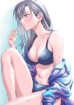  1girl bikini blue_bikini blue_eyes blue_shirt breasts collarbone food food_in_mouth from_side grey_hair highres holding holding_food holding_popsicle knee_up masatoshi_1219 medium_hair navel off-shoulder_shirt off_shoulder original popsicle popsicle_in_mouth popsicle_stick print_bikini print_shirt shirt sitting solo sweat swimsuit 