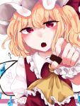  1girl ascot collared_shirt crystal fang flandre_scarlet food frilled_ascot frilled_shirt_collar frilled_sleeves frills hair_between_eyes hat hat_ribbon head_tilt heart holding holding_food incoming_food kuromame1025 looking_at_viewer medium_hair mob_cap one_side_up open_mouth puffy_short_sleeves puffy_sleeves red_eyes red_ribbon red_vest ribbon shirt short_sleeves sleeve_ribbon solo touhou upper_body vest white_background white_headwear white_shirt wings wrist_cuffs yellow_ascot 