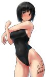  1girl amagami armpits ass_visible_through_thighs back_cutout bare_shoulders black_eyes black_hair black_one-piece_swimsuit blue_one-piece_swimsuit blush breasts clothing_cutout commentary competition_swimsuit covered_navel cowboy_shot highleg highleg_swimsuit highres looking_at_viewer medium_breasts nanasaki_ai one-piece_swimsuit short_hair sideboob signature simple_background smile solo standing stretching swimsuit thighs twitter_username two-tone_swimsuit white_background yoo_tenchi 