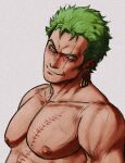 1boy bara earrings green_hair head_tilt highres jewelry large_pectorals looking_at_viewer male_focus mature_male muscular muscular_male nipples nude one_piece pectorals roronoa_zoro sanpaku scar scar_across_eye seductive_smile short_hair smile smokerichi solo thick_eyebrows tsurime upper_body 