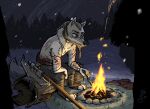  2023 anthro campfire canid canine canis detailed_background digital_media_(artwork) fire fur grey_body grey_fur halberd hi_res light lighting log male mammal melee_weapon night outside polearm shaded signature sitting solo theblueberrycarrots weapon wolf wood 