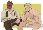  1boy absurdres artist_name bandaid bandaid_on_cheek bandaid_on_face bara black_nails black_pants blonde_hair dilfborne_(ventiskull) dorohedoro hammer highres holding holding_hammer large_pectorals looking_at_viewer male_focus male_underwear muscular muscular_male necktie nipples pants pectorals shin_(dorohedoro) shirt short_hair stitched_arm stitched_fingers stitched_hand stitches underwear undone_necktie white_male_underwear white_shirt 