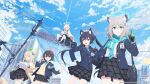  5girls animal_ears ayane_(blue_archive) blue_archive blue_sky cat_ears cat_girl cityscape closed_eyes cloud cloudy_sky english_text halo highres hoshino_(blue_archive) multiple_girls nonomi_(blue_archive) official_art pleated_skirt pointy_ears road_sign ruins scarf school_uniform serika_(blue_archive) shiroko_(blue_archive) sign skirt sky traffic_light wolf_ears wolf_girl 
