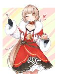  123ab456c 1girl brown_hair cake cake_slice choker closed_mouth dress earrings food food_on_face fork fur-trimmed_dress fur-trimmed_sleeves fur_trim highres holding holding_fork holding_plate jewelry long_hair long_sleeves nanami:_pulse_(punishing:_gray_raven) nanami_(punishing:_gray_raven) neck_ribbon one_eye_closed orange_eyes plate ponytail punishing:_gray_raven red_choker red_dress red_ribbon ribbon santa_costume sidelocks star_(symbol) star_earrings tongue tongue_out very_long_hair 