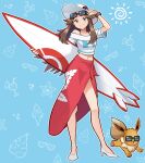  1girl absurdres adjusting_eyewear aged_up aqua_background arm_up black-framed_eyewear bracelet brown_eyes brown_hair closed_mouth commentary commission eevee eyewear_on_head full_body hair_flaps high_heels highres holding holding_surfboard jewelry knees leaf_(pokemon) long_hair looking_at_viewer mr.thunderigor navel off-shoulder_sweater off_shoulder pokemon pokemon_(creature) pokemon_(game) pokemon_frlg red_skirt sidelocks skirt smile standing sunglasses surfboard sweater white_footwear 