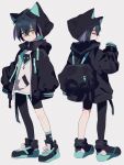  1boy alternate_costume animal_ears backpack bag black_bag black_hair closed_eyes commentary_request crossed_bangs ebi_(shrimp_eleven) hair_between_eyes highres hood hood_down hooded_jacket jacket kieran_(pokemon) kneepits long_sleeves looking_at_viewer male_focus multiple_views open_clothes open_jacket pokemon pokemon_(game) pokemon_sv shoes short_hair sleeves_past_fingers sleeves_past_wrists sneakers standing yellow_eyes zipper 