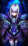  1girl absurdres armor blue_armor breastplate commentary_request cowboy_shot fate/grand_order fate_(series) forked_eyebrows highres long_hair looking_at_viewer melusine_(fate) melusine_(first_ascension)_(fate) miniskirt nazo_no_diaboro night orange_eyes parted_lips pauldrons shoulder_armor skirt solo tree white_hair 