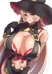  1girl arm_under_breasts black_gloves black_headwear breasts cleavage clothing_cutout curvy emp_(denjipgre) gloves hat highres large_breasts long_hair looking_at_viewer navel navel_cutout nijisanji nui_sociere nui_sociere_(1st_costume) simple_background solo virtual_youtuber white_background witch_hat yellow_eyes 