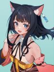 1girl :d absurdres animal_ear_fluff animal_ears atelier_(series) atelier_resleriana awato bare_shoulders black_hair blue_background blush cat_ears cat_girl commentary detached_sleeves earrings english_commentary gloves hand_up highres izana_kokoschka jewelry long_hair looking_at_viewer open_mouth partially_fingerless_gloves pink_sleeves ribbon shirt single_earring sleeveless smile solo upper_body white_gloves white_shirt yellow_ribbon 
