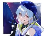  1boy animal_ears arknights bare_shoulders beret black_gloves blue_background blue_gloves blue_hair blue_headwear border clothing_cutout commentary gloves gradient_background gradient_hair grin hand_up hat highres holding holding_umbrella infection_monitor_(arknights) light_blue_hair long_hair looking_at_viewer male_focus mizuki_(arknights) multicolored_clothes multicolored_gloves multicolored_hair pink_eyes pink_hair rain shoulder_cutout sidelocks smile solo teeth umbrella upper_body v white_gloves yakota_(usuk-yako) 