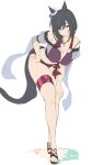  1girl animal_ears bikini black_hair blue_eyes blush breasts cleavage closed_mouth eishin_flash_(umamusume) full_body groin halterneck hand_on_own_hip hand_on_own_thigh highres horse_ears horse_girl horse_tail jewelry large_breasts leaning_forward looking_at_viewer necklace red_bikini sandals short_hair smile solo standing swimsuit tail thigh_strap toes umamusume white_background yatsuka_(846) 
