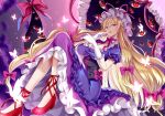  1girl absurdly_long_hair blonde_hair breasts bug butterfly cleavage dress elbow_gloves frills full_body gap_(touhou) givuchoko gloves glowing_butterfly hair_between_eyes hat high_heels large_breasts long_hair looking_at_viewer mob_cap parted_lips petticoat purple_dress purple_eyes simple_background solo touhou very_long_hair yakumo_yukari 
