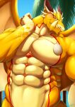  abs anthro blush dragon hi_res horn lifewonders looking_at_viewer male muscular muscular_anthro muscular_male nude ophion pecs red_eyes shirtless smile solo tokyo_afterschool_summoners toranoyouhei tusks wings yellow_body 