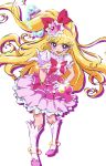 1girl absurdres asahina_mirai belly_chain blonde_hair boots bow bracelet brooch commentary cure_miracle dress gem gloves hair_bow hand_on_own_hip hat highres jewelry kengo_kumaxile layered_dress long_hair looking_at_viewer magical_girl mahou_girls_precure! mini_hat mini_witch_hat open_mouth pink_dress pink_headwear precure puffy_short_sleeves puffy_sleeves purple_eyes red_bow shadow short_dress short_sleeves side_ponytail simple_background smile solo standing very_long_hair white_background white_footwear white_gloves witch_hat 