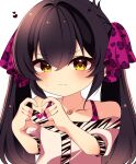  1girl animal_print black_hair blush collarbone commentary_request fang flat_chest hair_between_eyes hair_ribbon hands_up heart heart-shaped_pupils heart_hands highres idolmaster idolmaster_cinderella_girls jewelry leopard_print long_hair looking_at_viewer maju_risa matoba_risa necklace purple_ribbon ribbon shirt short_sleeves sidelocks skin_fang solo sweat symbol-shaped_pupils twintails upper_body white_background white_shirt yellow_eyes zebra_print 