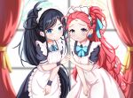 2girls absurdly_long_hair absurdres apron aris_(blue_archive) aris_(maid)_(blue_archive) black_hair blue_archive blue_eyes blurry bow commentary_request curtains depth_of_field forehead frilled_apron frills hair_bow hair_ribbon halo highres holding_hands indoors interlocked_fingers long_hair looking_at_viewer maid maid_apron maid_headdress multiple_girls official_alternate_costume official_alternate_hairstyle parted_bangs ponytail red_hair ribbon short_sleeves sidelocks smile uro30 very_long_hair wavy_hair white_apron window wristband yuzu_(blue_archive) yuzu_(maid)_(blue_archive) 