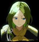  1boy black_background blue_eyes closed_mouth fire_emblem fire_emblem:_three_houses garreg_mach_monastery_uniform green_hair highres light_frown linhardt_von_hevring male_focus mari-mason parted_hair ribbon ringed_eyes short_hair simple_background upper_body white_ribbon 