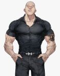  1boy arm_tattoo bara belt biceps black_belt black_pants black_shirt bulge bursting_pectorals buzz_cut closed_mouth collared_shirt cowboy_shot grey_eyes grey_hair hands_in_pockets kawata_masashi large_pectorals leeis_cool looking_at_viewer male_focus multiple_scars muscular muscular_male pants pectoral_cleavage pectorals scar scar_on_arm scar_on_face scar_on_mouth shirt shirt_tucked_in short_hair slam_dunk_(series) solo tattoo tight_clothes tight_pants tight_shirt veins very_short_hair white_background 