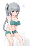  1girl absurdres alternate_breast_size bikini bikini_skirt breasts brown_eyes cleavage green_bikini grey_hair hair_ribbon highres kantai_collection kasumi_(kancolle) large_breasts long_hair maru_(marg0613) official_alternate_costume one-hour_drawing_challenge ribbon side_ponytail simple_background sitting solo swimsuit white_background 