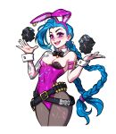  1girl animal_ears bare_shoulders belt black_belt blue_hair blush blushyspicy bow bowtie braid breasts cleavage detached_collar explosive fake_animal_ears fang grenade jinx_(league_of_legends) league_of_legends leotard long_hair looking_at_viewer nail_polish pantyhose pink_eyes playboy_bunny rabbit_ears smile solo strapless strapless_leotard tattoo twin_braids very_long_hair wrist_cuffs 