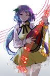  1girl biwa_lute chain cowboy_shot dress flower hair_flower hair_ornament highres himuhino holding holding_instrument instrument long_sleeves looking_at_viewer low_twintails lute_(instrument) music musical_note playing_instrument purple_hair smile solo touhou tsukumo_benben twintails white_background yellow_dress 