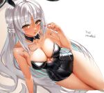  1girl alternate_costume animal_ears artist_name azur_lane bare_shoulders black_leotard blush breasts cleavage collar dark-skinned_female dark_skin dated detached_collar facial_mark fake_animal_ears forehead_mark large_breasts leotard long_hair looking_at_viewer massachusetts_(azur_lane) open_mouth paundo2 playboy_bunny rabbit_ears simple_background solo thighs very_long_hair white_hair 