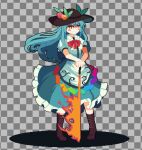  1girl black_headwear blue_hair blue_skirt boots bow bowtie checkered_background closed_mouth cross-laced_clothes food frilled_skirt frills fruit full_body grey_background hands_on_hilt hinanawi_tenshi kaaaarin leaf long_hair looking_at_viewer orange_eyes peach pixel_art red_bow red_bowtie shirt short_sleeves skirt solo standing sword_of_hisou touhou white_shirt 