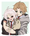  1boy 1girl absurdres ahoge biting blush brown_coat brown_hair coat couple ear_biting elf fur-trimmed_coat fur_trim green_eyes grey_hair grey_robe highres hug hug_from_behind husband_and_wife masruu mushoku_tensei nibbling nose_blush pointy_ears ranoa_magic_academy_school_uniform red_eyes robe rudeus_greyrat school_uniform short_hair sylphiette_(mushoku_tensei) 